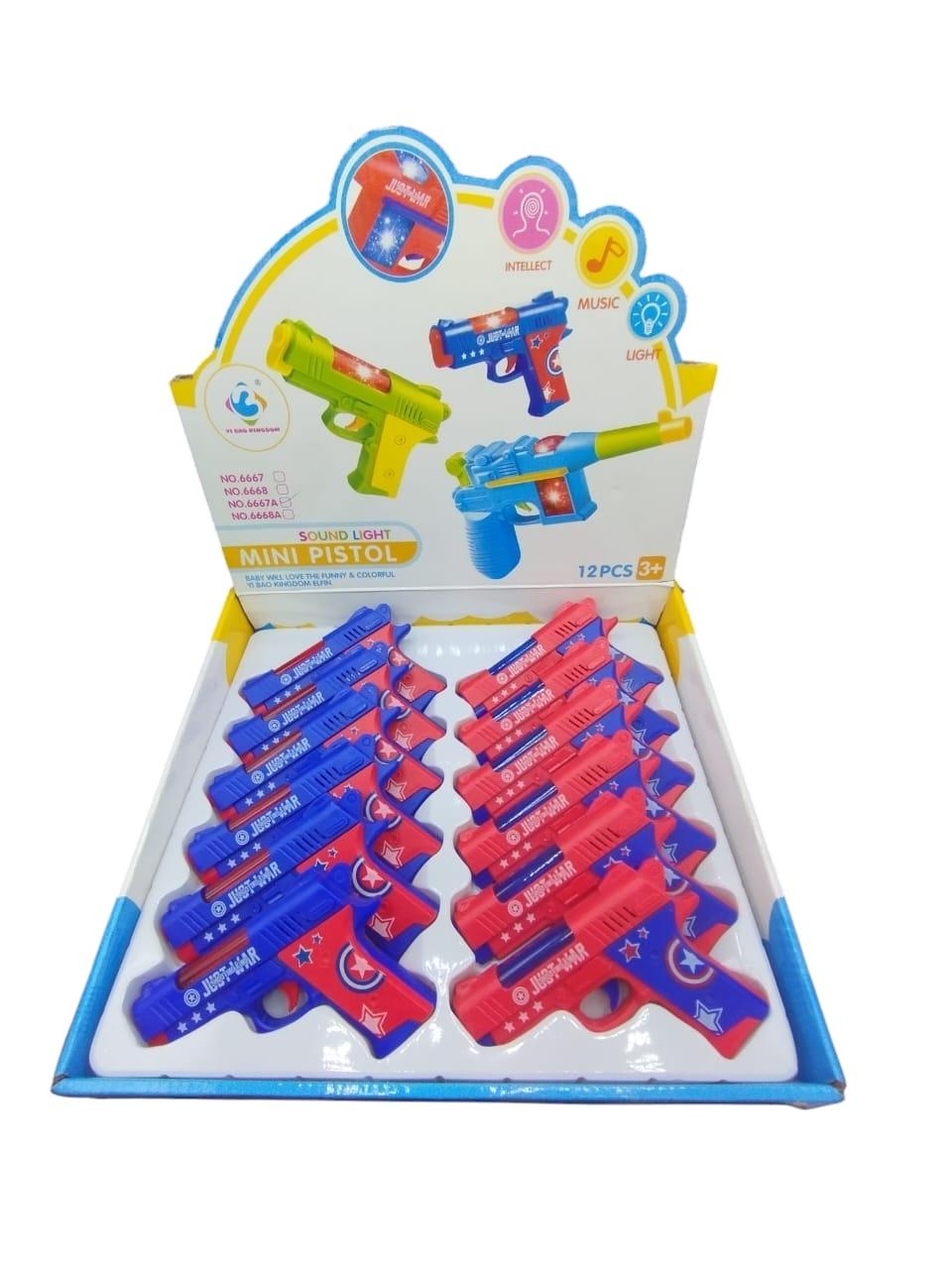 12 mini pistolas con luz y sonido en caja(pilas no inluidas)